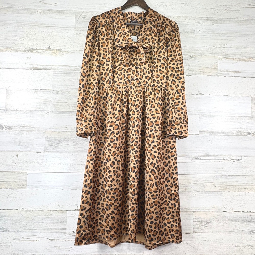 Ann Taylor Midi Dress Women 8 Brown New NWT Leopard Tie Neck Corpcore Chic